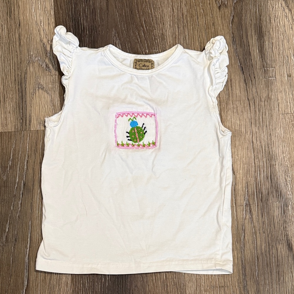 Calico White Ruffle Sleeve Top with Bug Embroidery
